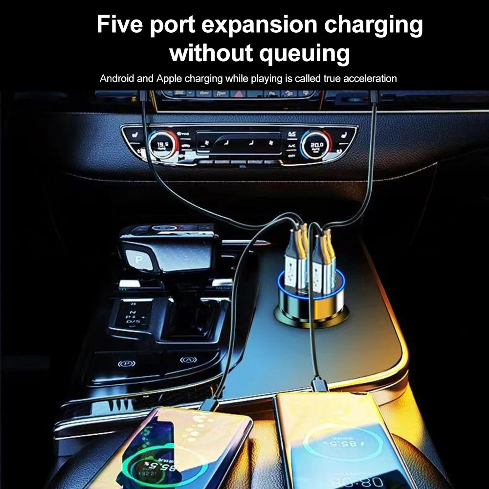 🚗🔌 شاحن سيارة سريع PD + QC3.0 مع شاشة رقمية – 6 منافذ (4 USB + 2 PD)