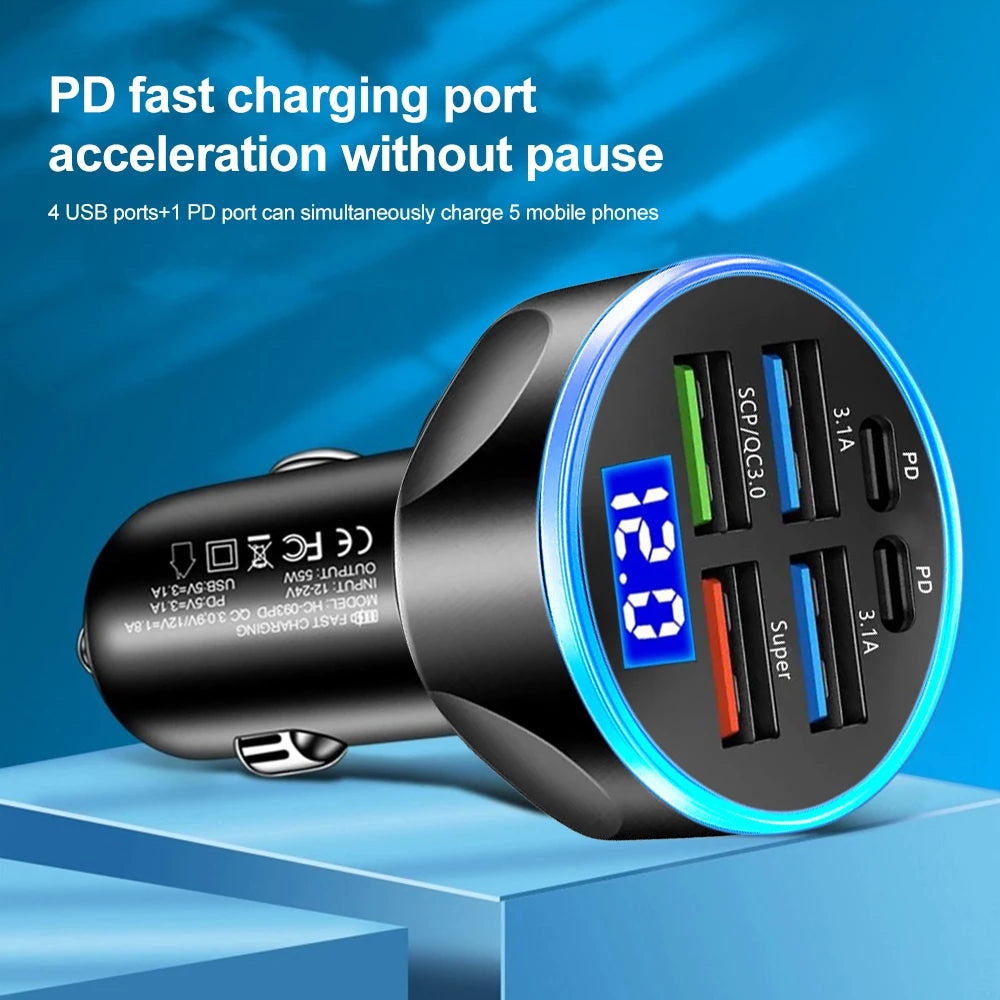 🚗🔌 شاحن سيارة سريع PD + QC3.0 مع شاشة رقمية – 6 منافذ (4 USB + 2 PD)