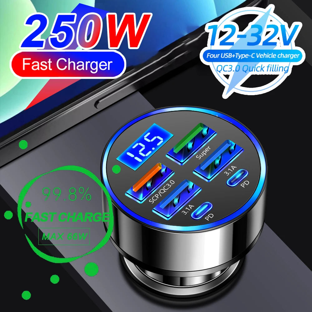 🚗🔌 شاحن سيارة سريع PD + QC3.0 مع شاشة رقمية – 6 منافذ (4 USB + 2 PD)