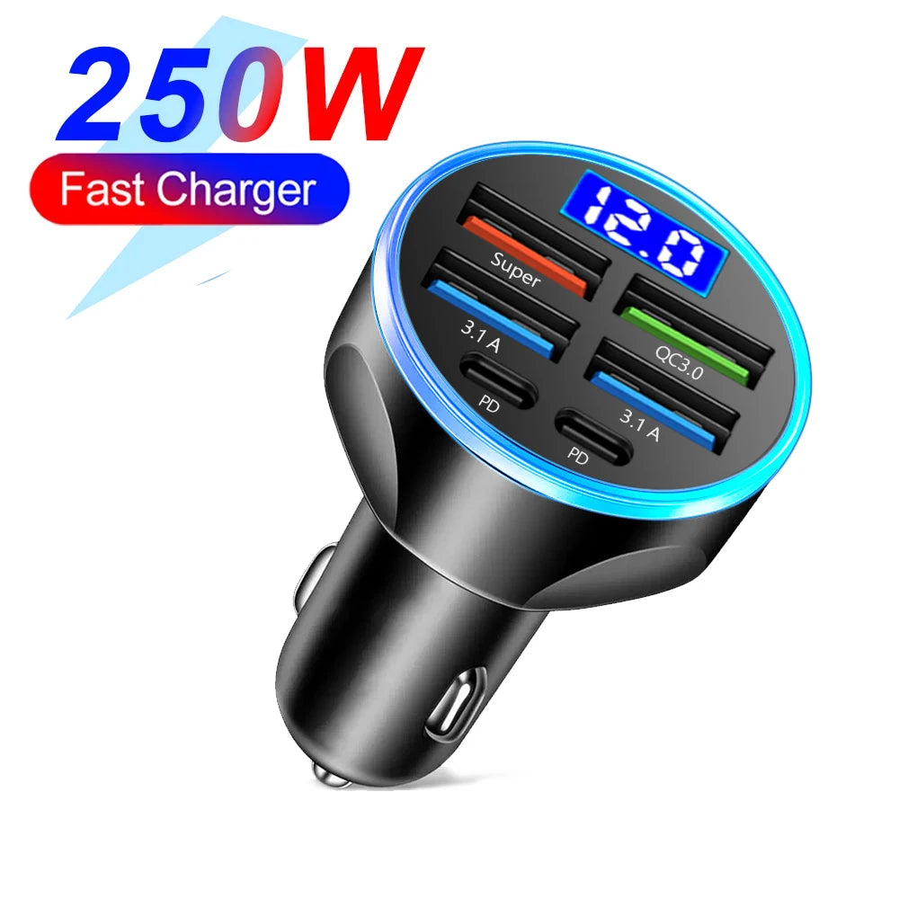 🚗🔌 شاحن سيارة سريع PD + QC3.0 مع شاشة رقمية – 6 منافذ (4 USB + 2 PD)