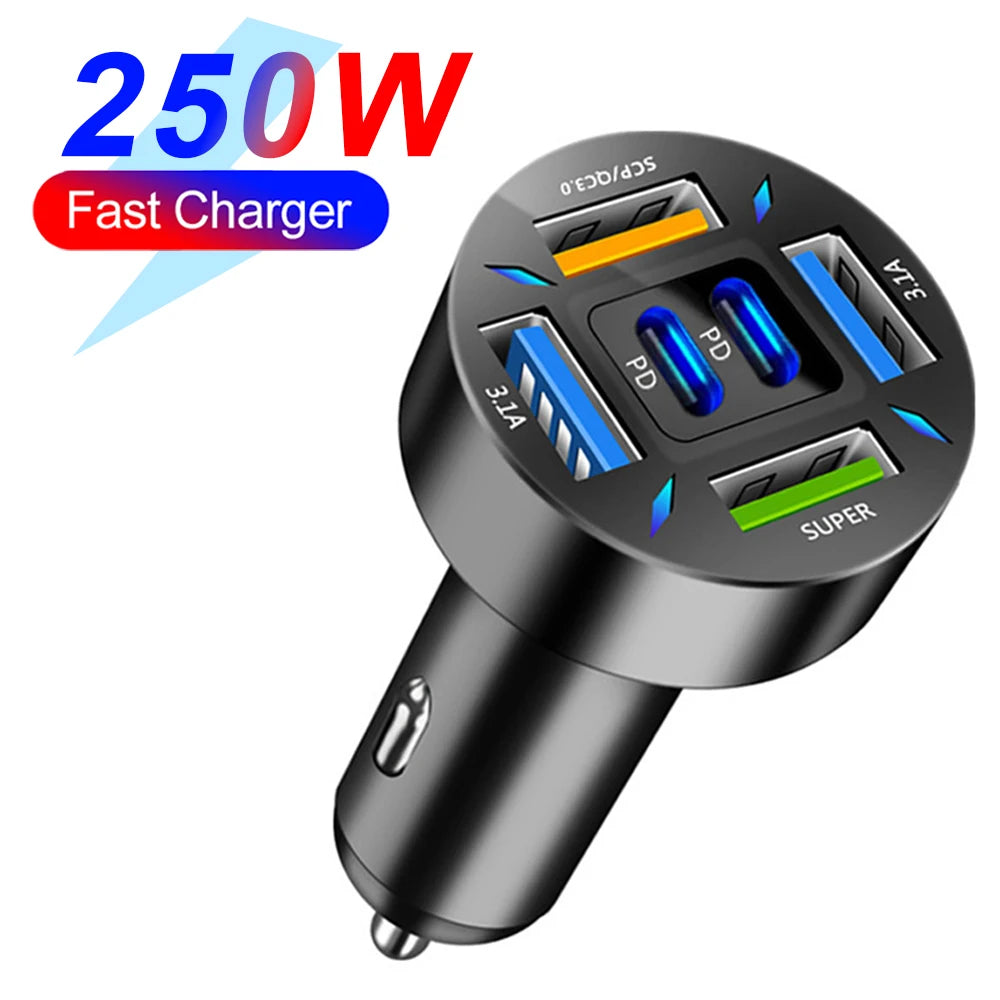 🚗🔌 شاحن سيارة سريع PD + QC3.0 مع شاشة رقمية – 6 منافذ (4 USB + 2 PD)