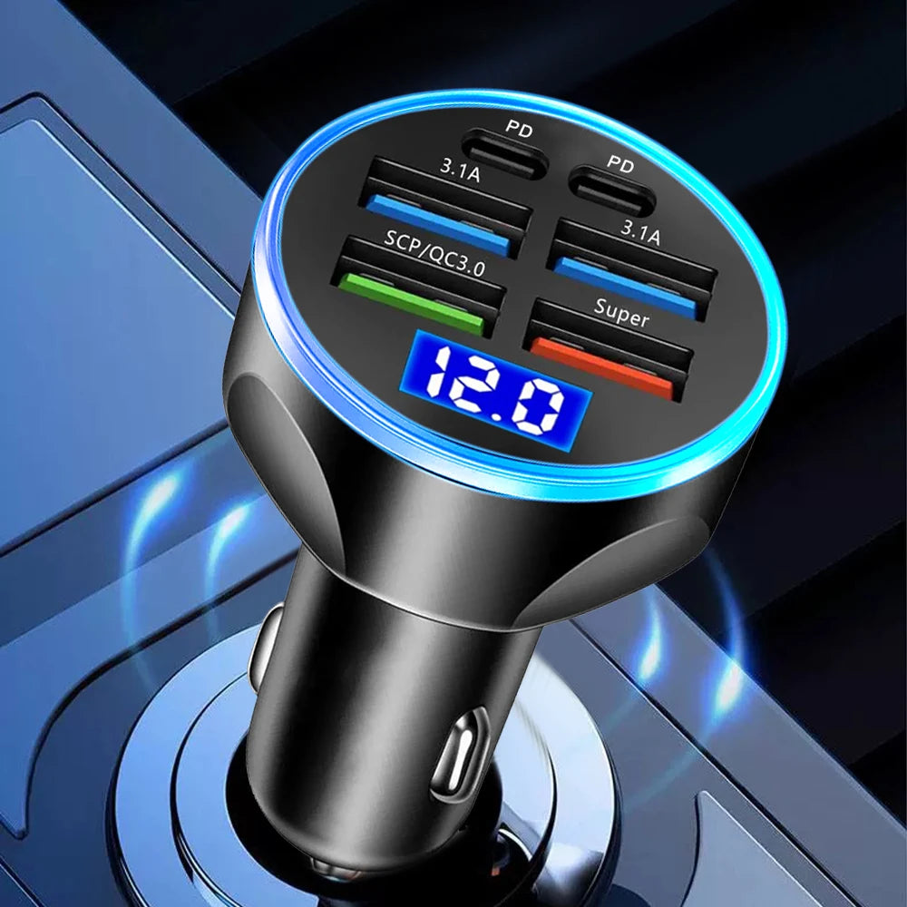 🚗🔌 شاحن سيارة سريع PD + QC3.0 مع شاشة رقمية – 6 منافذ (4 USB + 2 PD)