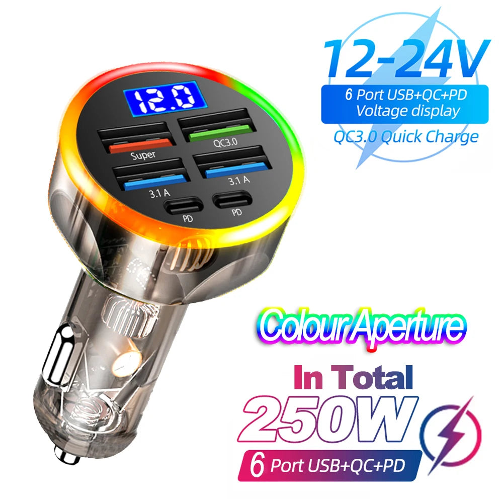 🚗🔌 شاحن سيارة سريع PD + QC3.0 مع شاشة رقمية – 6 منافذ (4 USB + 2 PD)