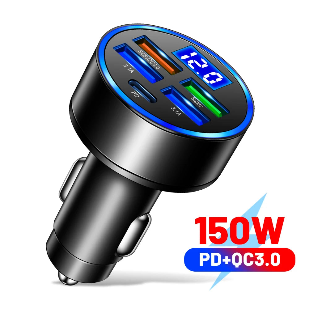 🚗🔌 شاحن سيارة سريع PD + QC3.0 مع شاشة رقمية – 6 منافذ (4 USB + 2 PD)