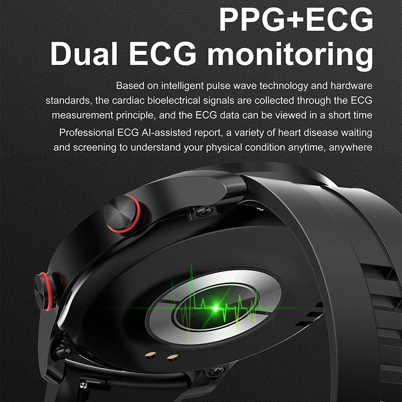 💬ساعة ذكية رجالية متعددة الوظائف – ECG + ضغط الدم + مكالمات بلوتوث ⌚️