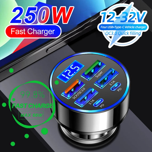 🚗🔌 شاحن سيارة سريع PD + QC3.0 مع شاشة رقمية – 6 منافذ (4 USB + 2 PD)