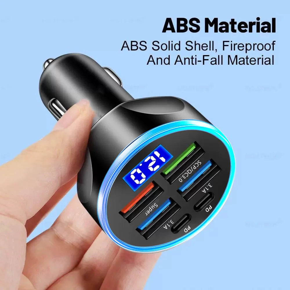 🚗🔌 شاحن سيارة سريع PD + QC3.0 مع شاشة رقمية – 6 منافذ (4 USB + 2 PD)